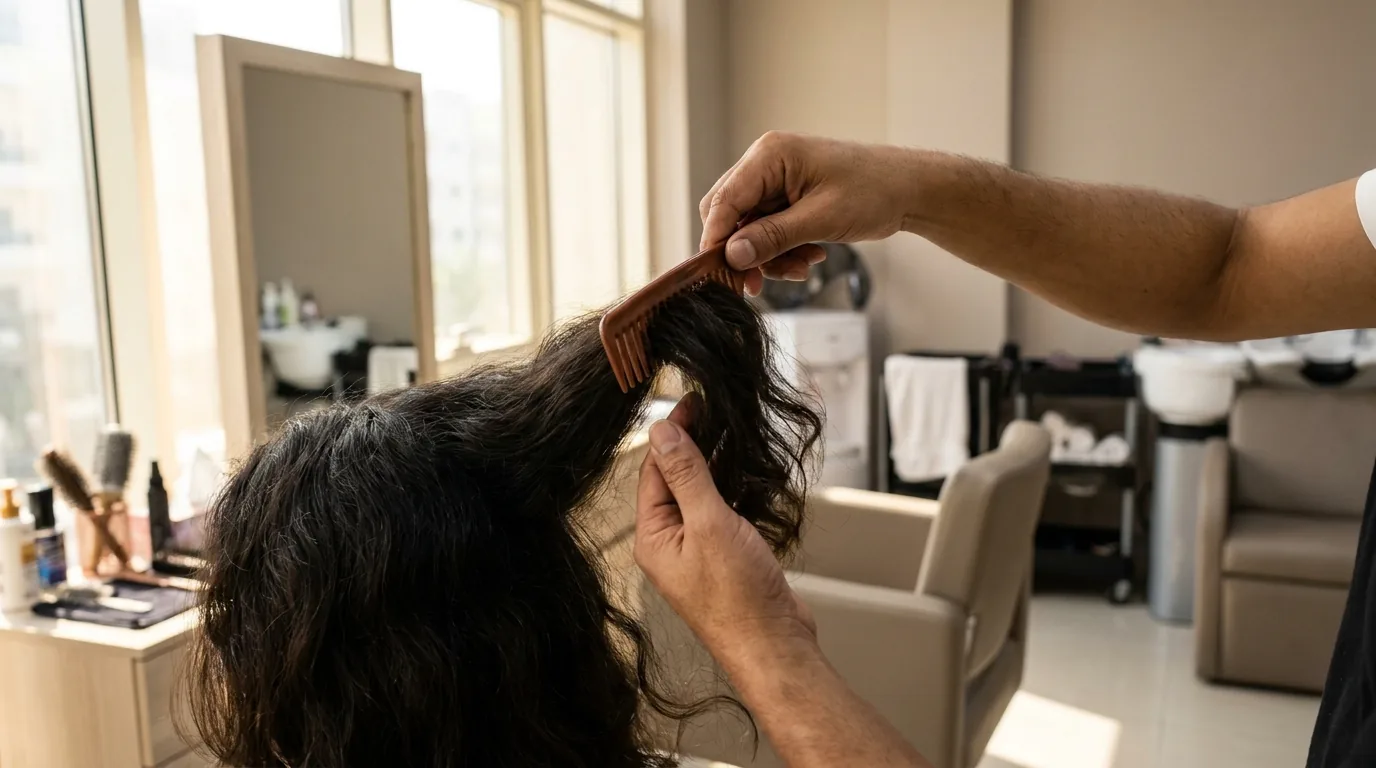 pregnancy hair loss inline 2 stylist combing a section of long hair at a mid range Dubai salon during postpartum shedding