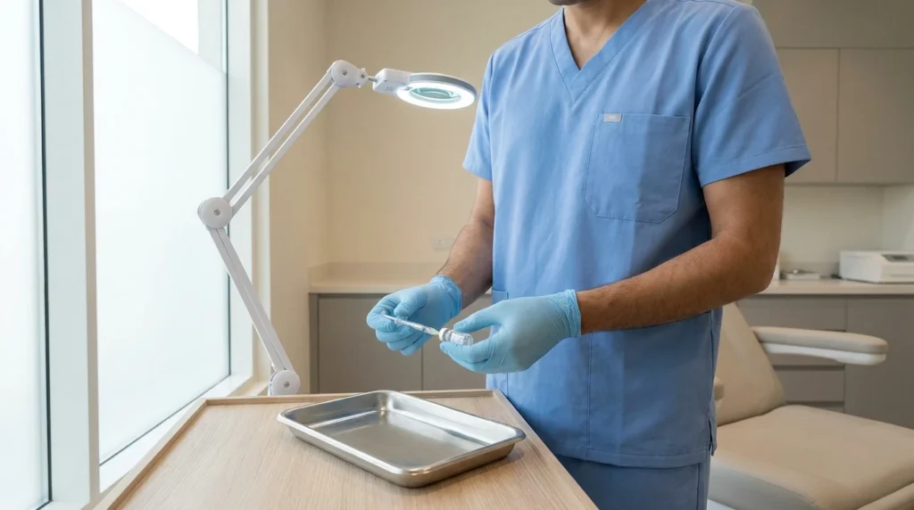 Profhilo Dubai: gloved clinician preparing a fine gauge syringe beside a treatment chair in a Dubai aesthetic clinic