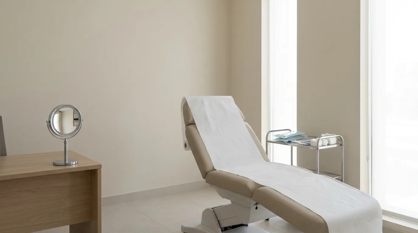 profhilo dubai inline 2 empty consultation room in a Dubai aesthetic clinic with a treatment chair, skin analysis mirror and sterile trolley before a skin booster appointment