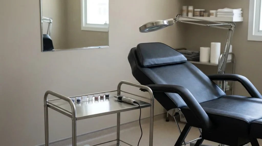 scalp micropigmentation cost in Dubai: pigment cups and a micropigmentation pen on a stainless trolley beside a treatment chair in a modest studio