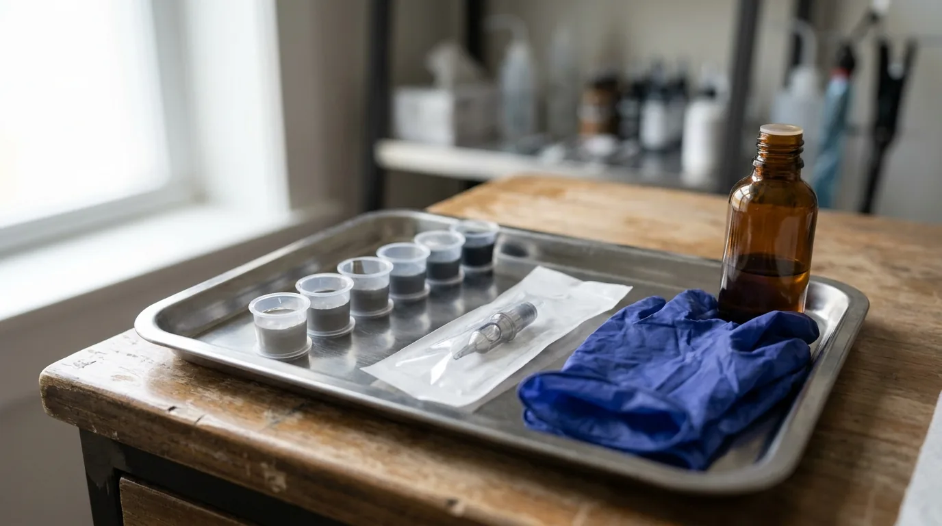 pigment shade cups and a single-use micropigmentation needle cartridge laid out on a stainless tray in a dubai studio