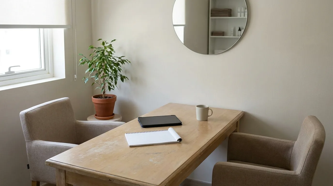 plain consultation desk with a mirror and two chairs in a modest dubai smp studio where the price is agreed