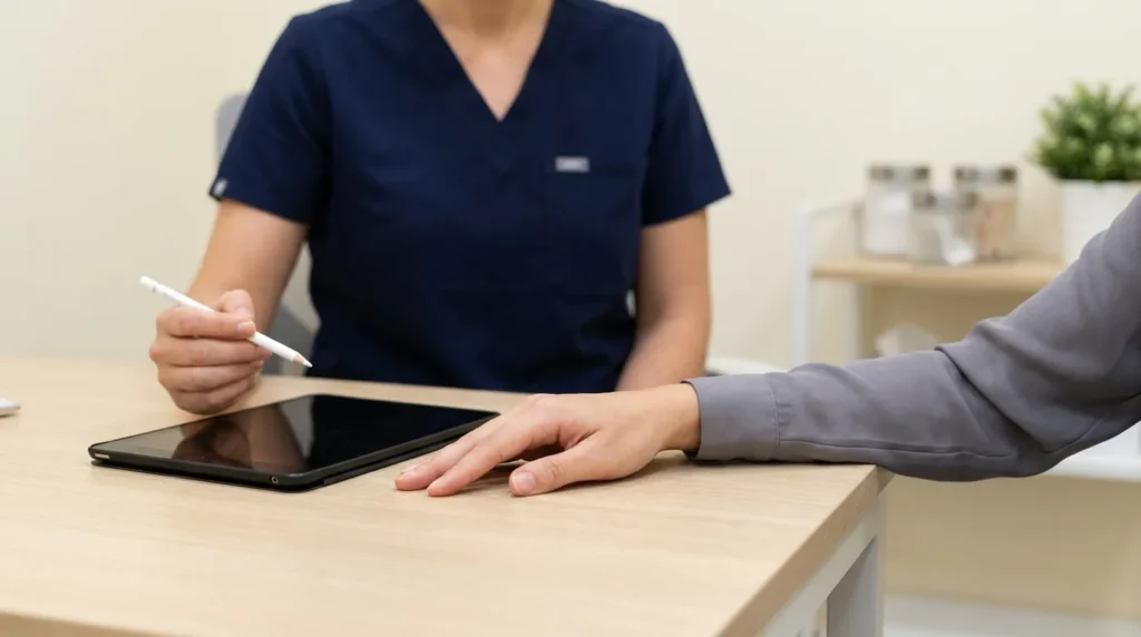 Stretch mark removal Dubai price: clinician and client reviewing a treatment plan at a consultation desk in a Dubai skin clinic