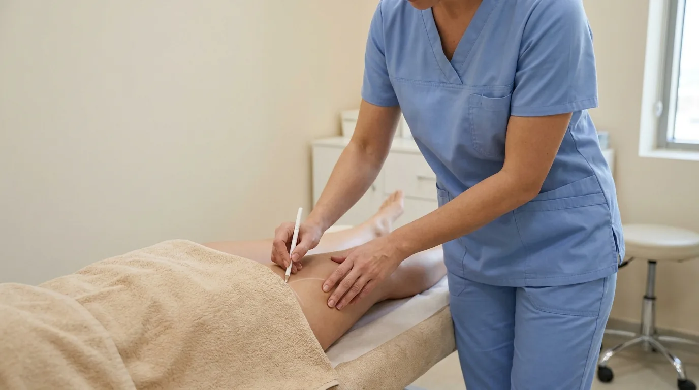 stretch mark removal cost dubai session with a clinician marking a treatment zone on a client thigh
