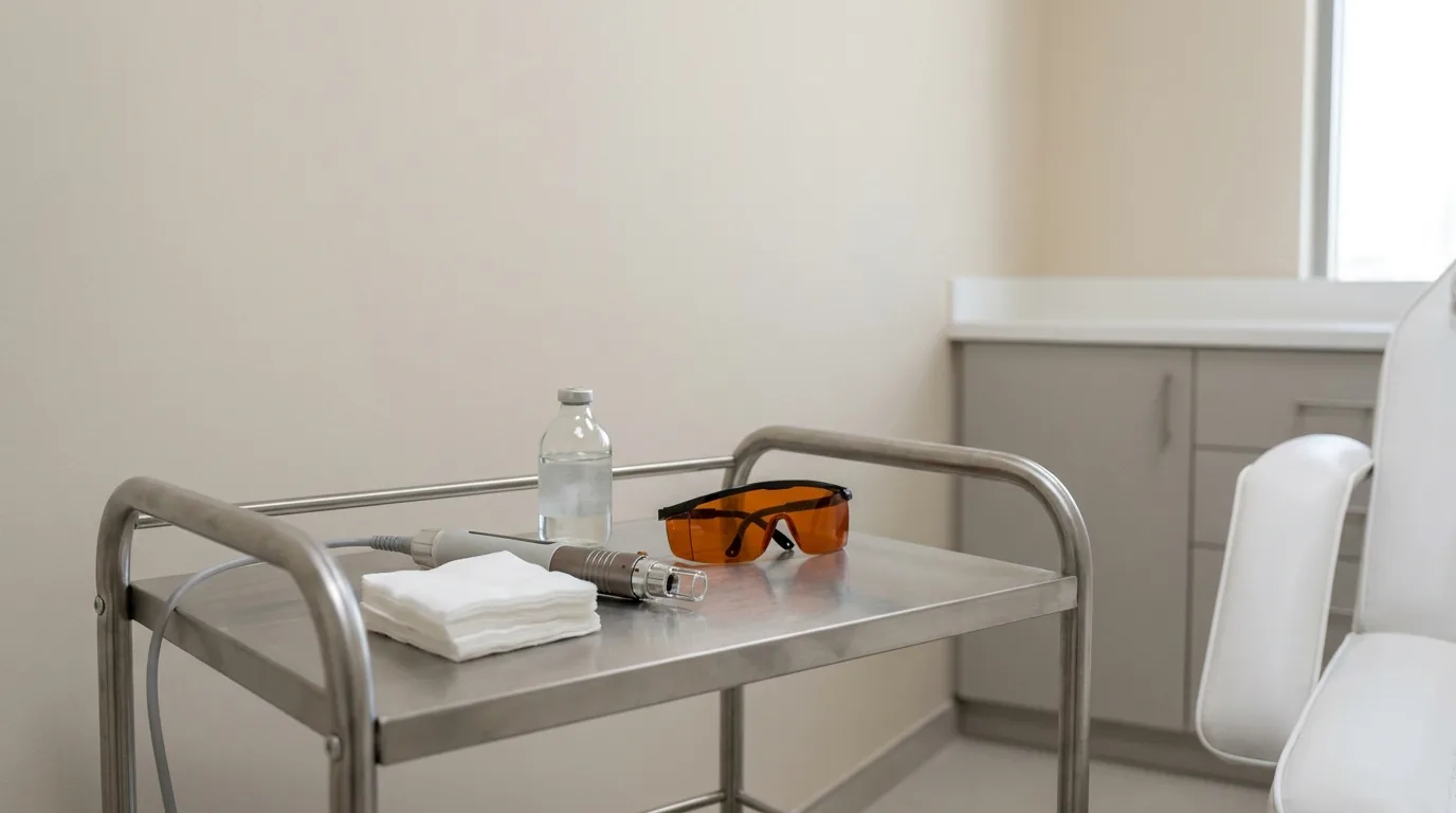 fractional laser handpiece, gauze and protective eyewear on a clinic trolley in a Dubai skin clinic