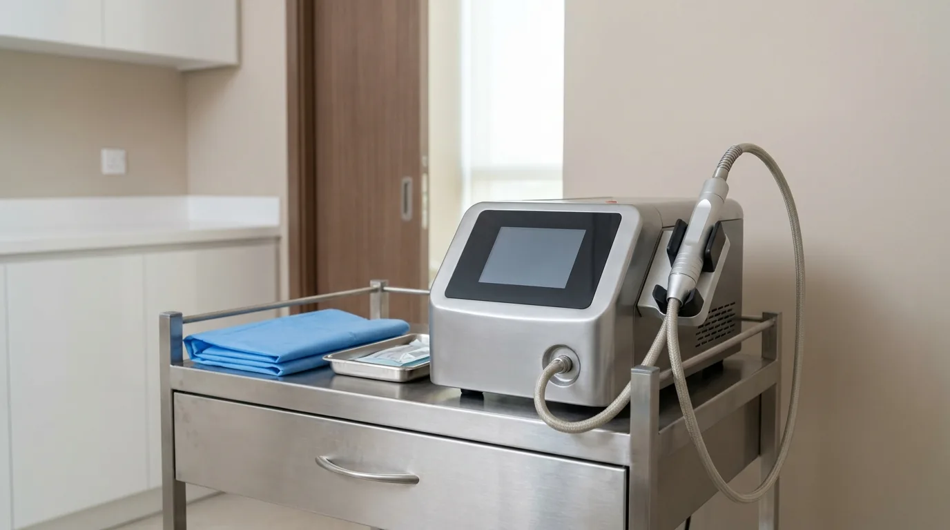 stretch mark removal inline 1 fractional laser system used for laser stretch mark removal resting on a clinic trolley beside a folded sterile drape