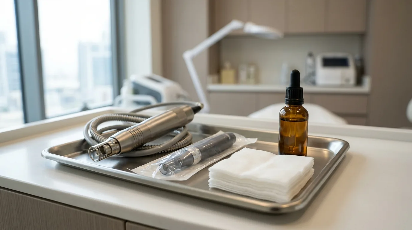 stretch marks treatment in dubai inline 1 fractional laser handpiece and a sealed microneedling pen on a stainless tray in a dubai aesthetic clinic treatment room