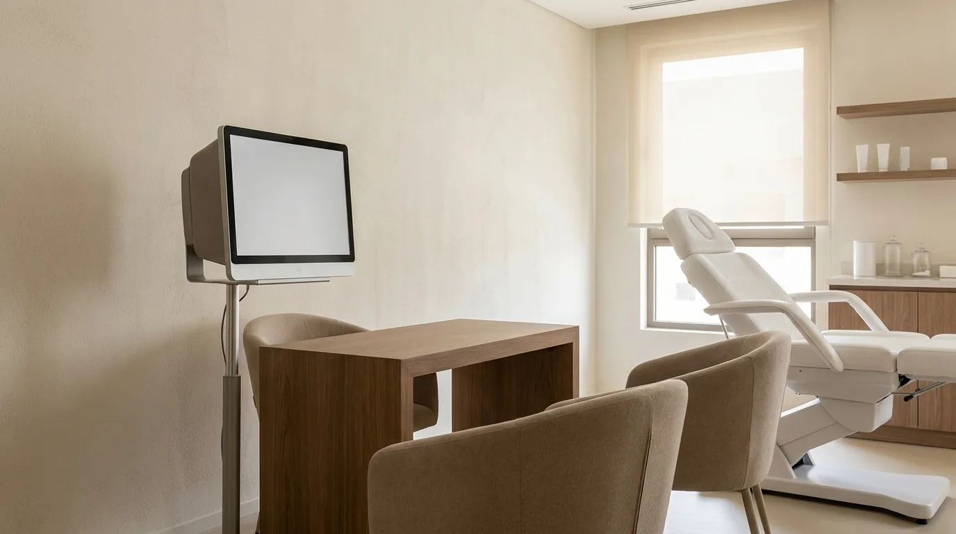 consultation corner of a dubai aesthetic clinic with paired chairs, a skin analysis screen and a treatment chair beside a shaded window