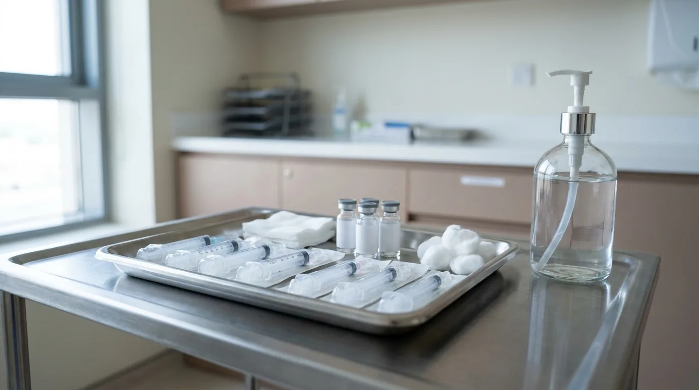 sterile stainless steel tray of sealed syringes, vials and gauze prepared for injectables in a dha licensed dubai clinic
