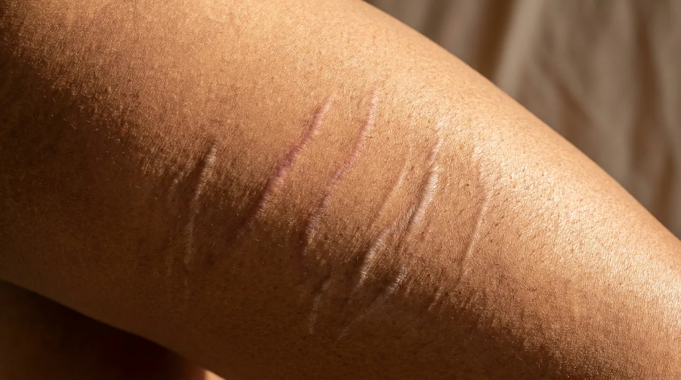 types of stretch marks inline 1 macro of skin showing a fresh purple striae line beside older pale silvery marks in raking light