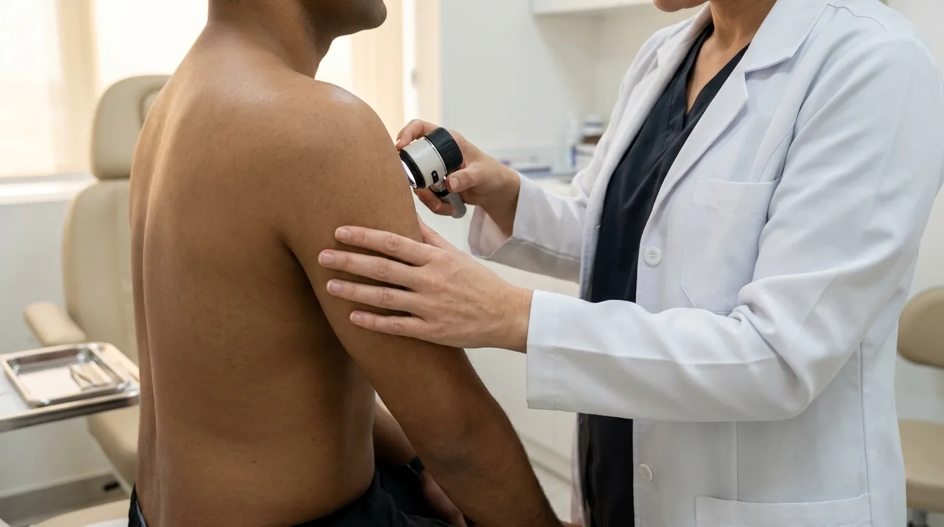 types of stretch marks inline 2 dermatologist using a dermatoscope to assess skin on a client shoulder in a dubai clinic room