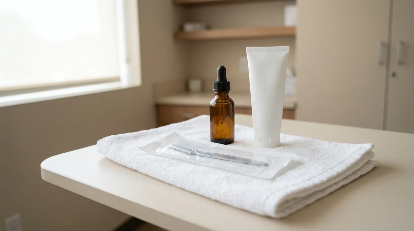 what does dermaplaning do inline 1 sealed single use dermaplaning blade beside a serum bottle and a plain sunscreen tube on a folded towel