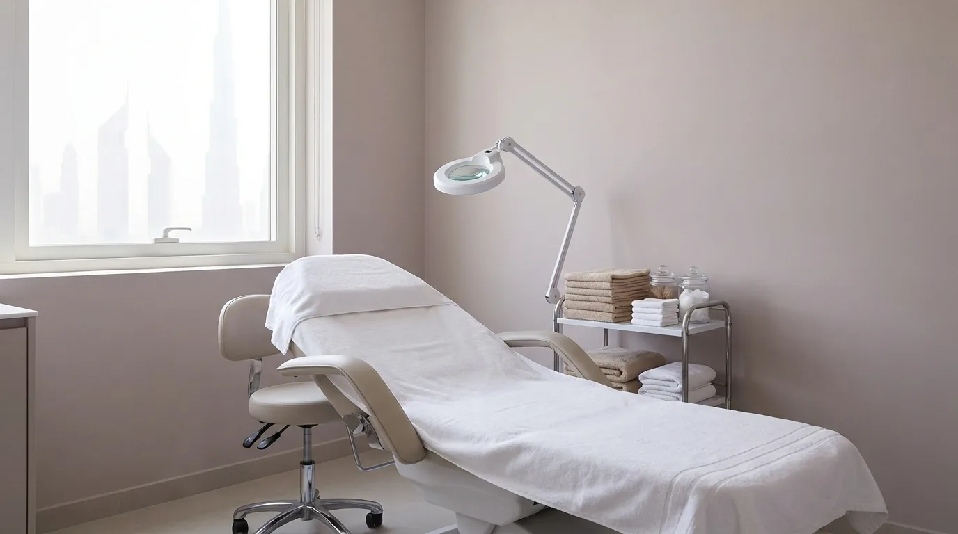 what does dermaplaning do inline 2 empty treatment room in a Dubai skin studio with a magnifying lamp and the city skyline through the window