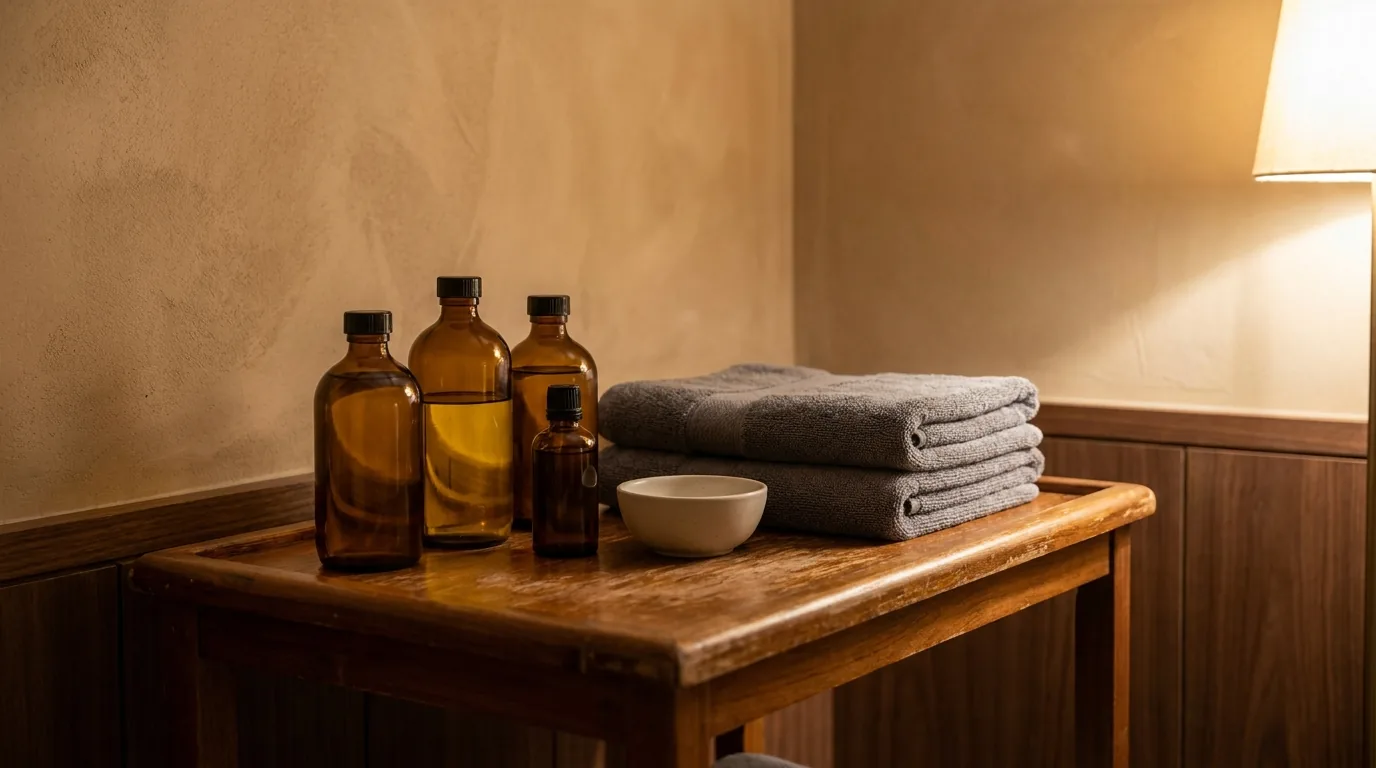 what is a couples massage inline 2 carrier oils for a couples massage in unlabelled amber bottles on a spa trolley with folded towels