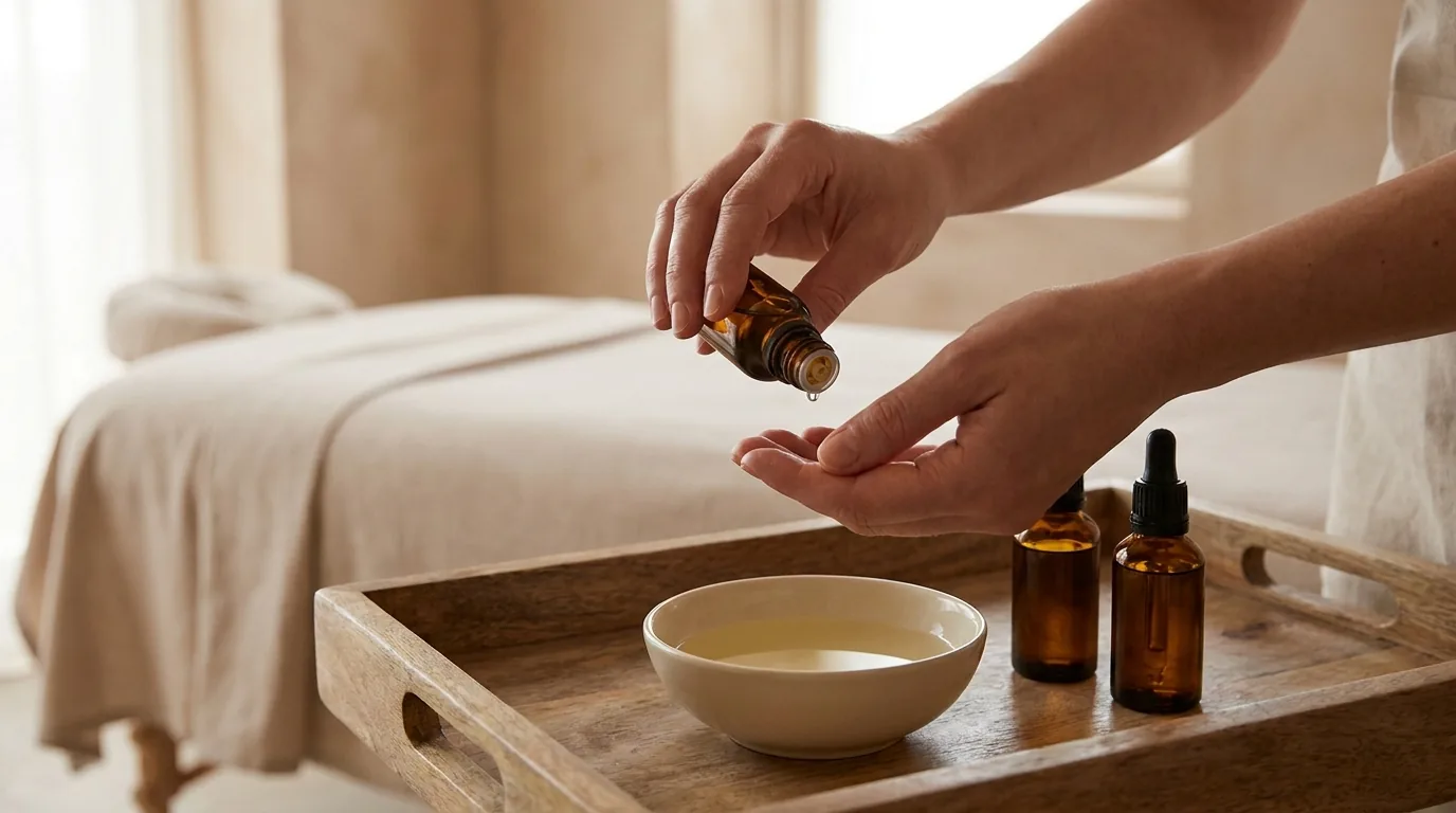 therapist diluting essential oils into carrier oil on a tray before an aromatherapy massage full body session