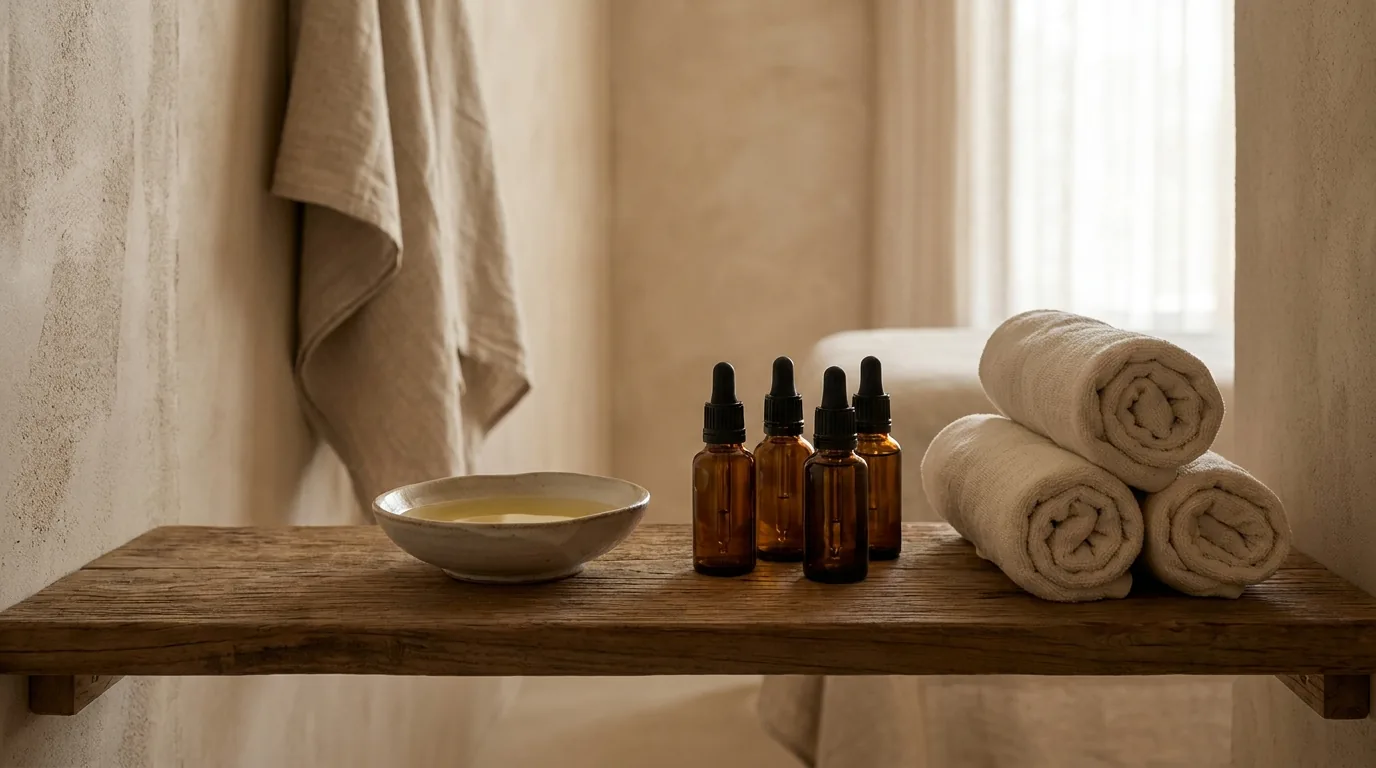 essential oil bottles and a carrier oil dilution set out on a Dubai spa treatment room shelf