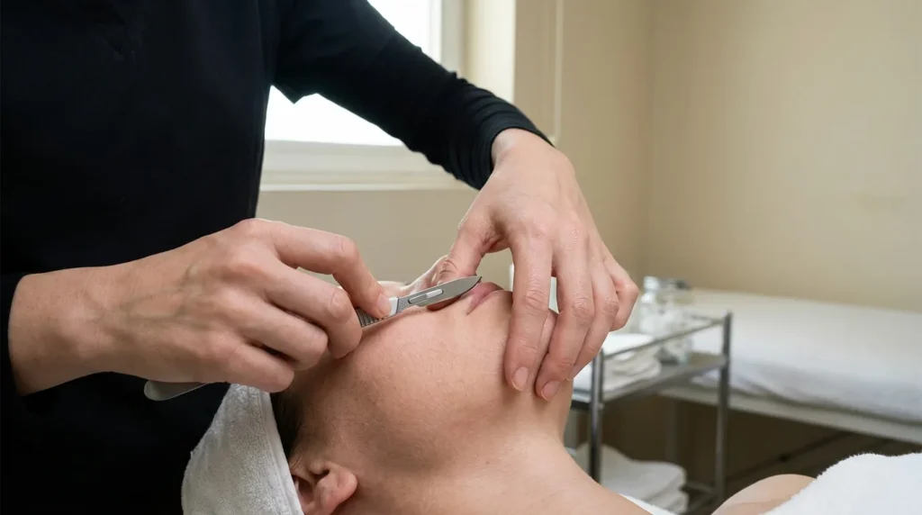 what is dermaplaning facial: therapist holding a sterile blade at a shallow angle against a client cheek in a clean Dubai skin clinic