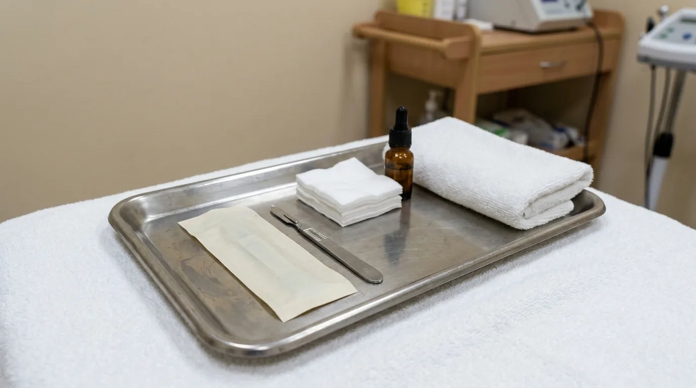 what is dermaplaning facial inline 1 dermaplaning facial tools on a steel tray, sealed single-use blade, cotton pads and a serum bottle in a Dubai treatment room