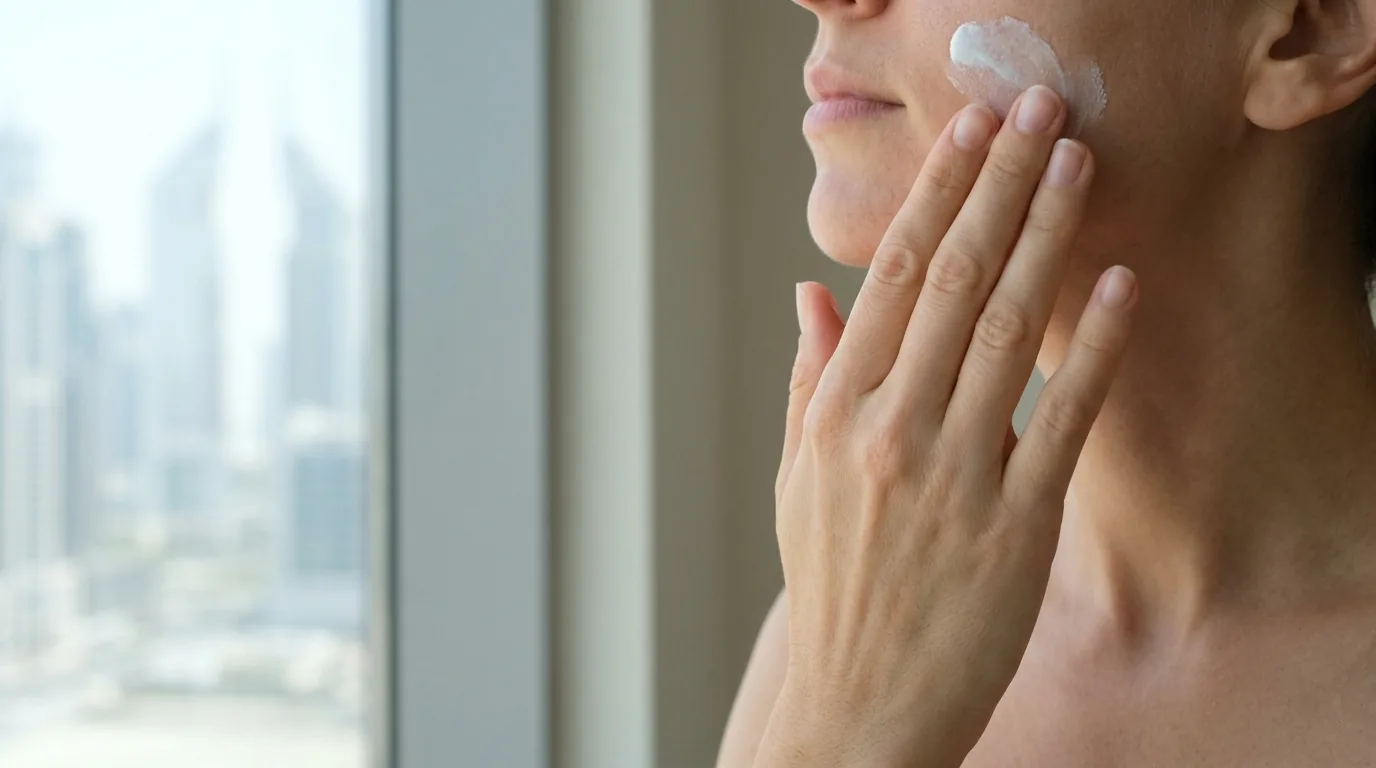 what is dermaplaning facial inline 2 applying broad-spectrum sunscreen after a dermaplaning facial, the key aftercare step in Dubai year-round sun