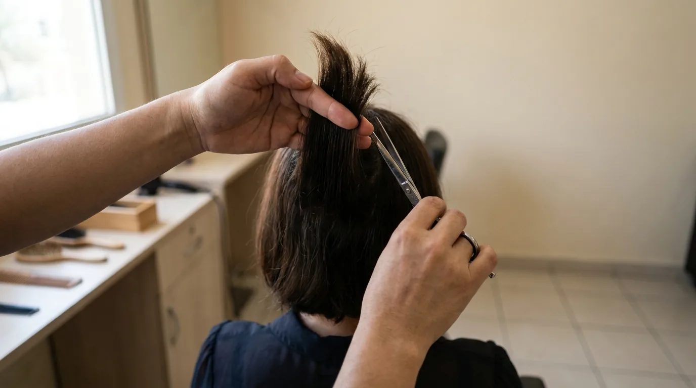 a section of dark hair lifted at ninety degrees from the crown and cut with shears in a dubai salon