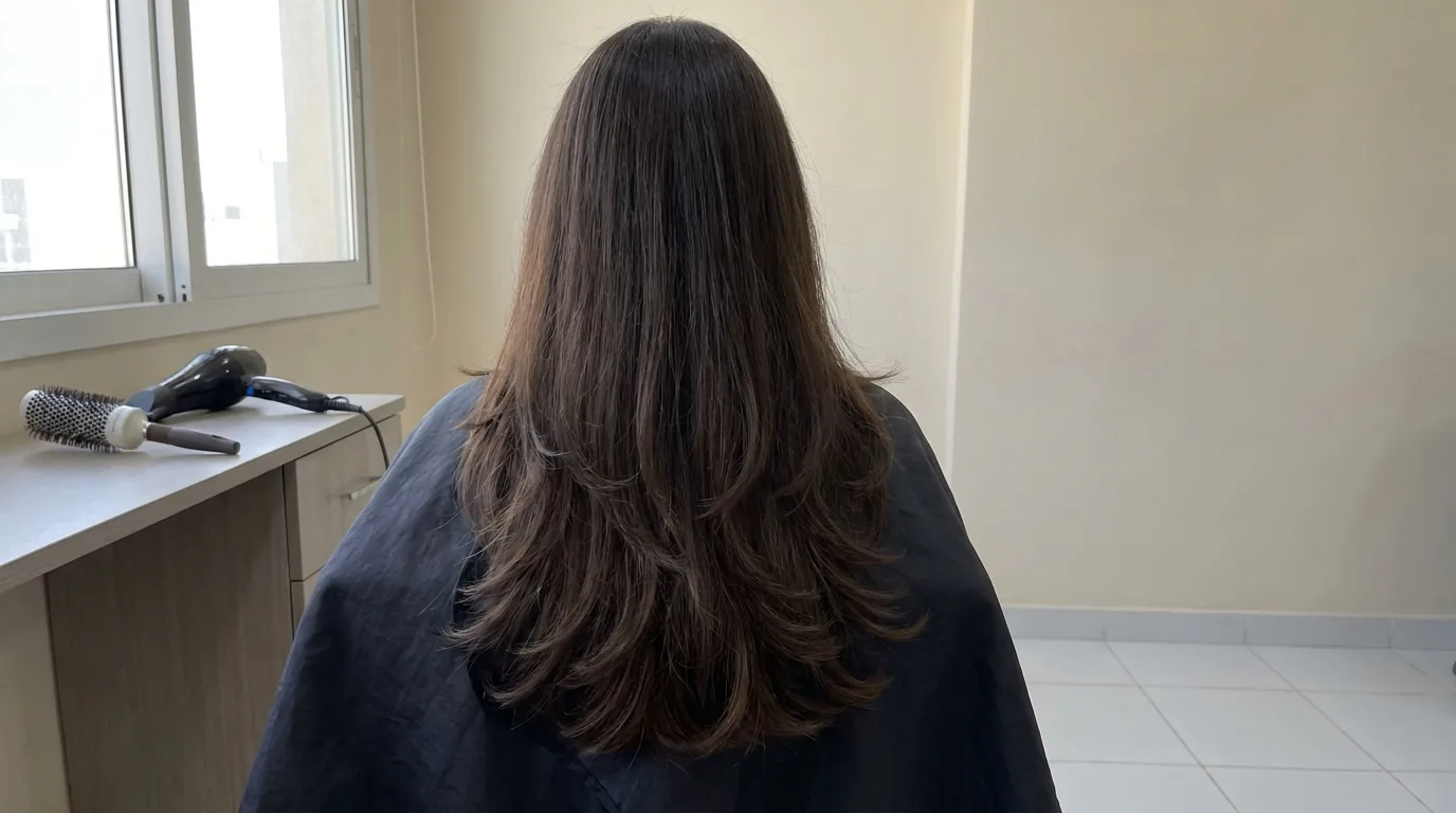 finished long layered hair blow dried straight showing the stepped taper through the ends at a dubai salon