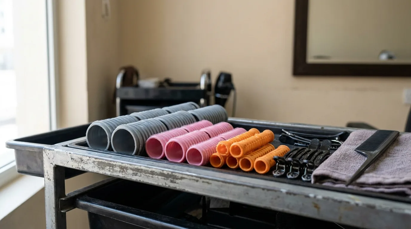 perm rods sorted by size on a salon trolley, from large grey rollers to small orange rods used for tighter types of perms