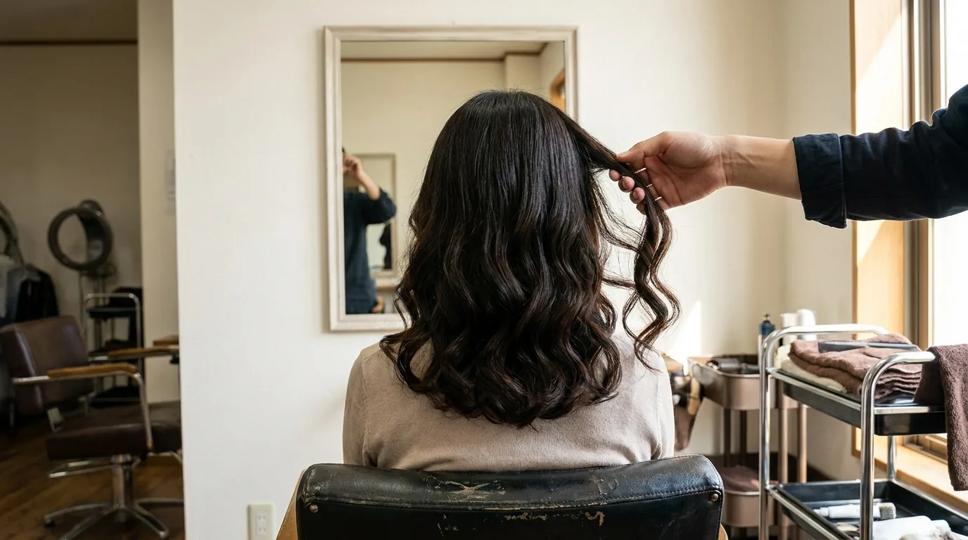soft defined waves through the mid lengths after a digital perm, lifted by a stylist at the salon mirror