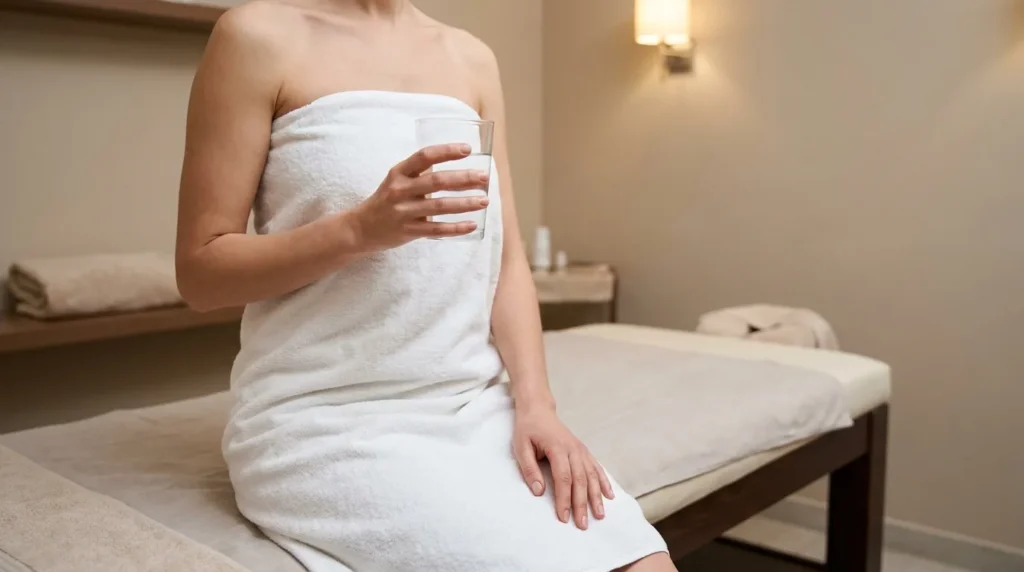 what to do after a deep tissue massage: client sitting on the edge of a treatment table with a glass of water in a Dubai spa room