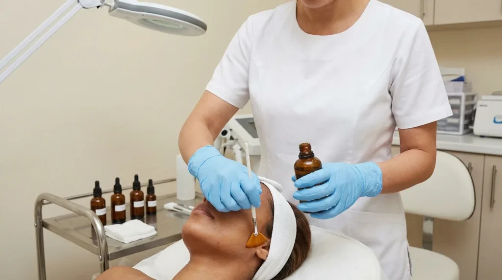Which chemical peel is best for hyperpigmentation: therapist applying peel solution with a fan brush to a client cheek in a Dubai skin clinic
