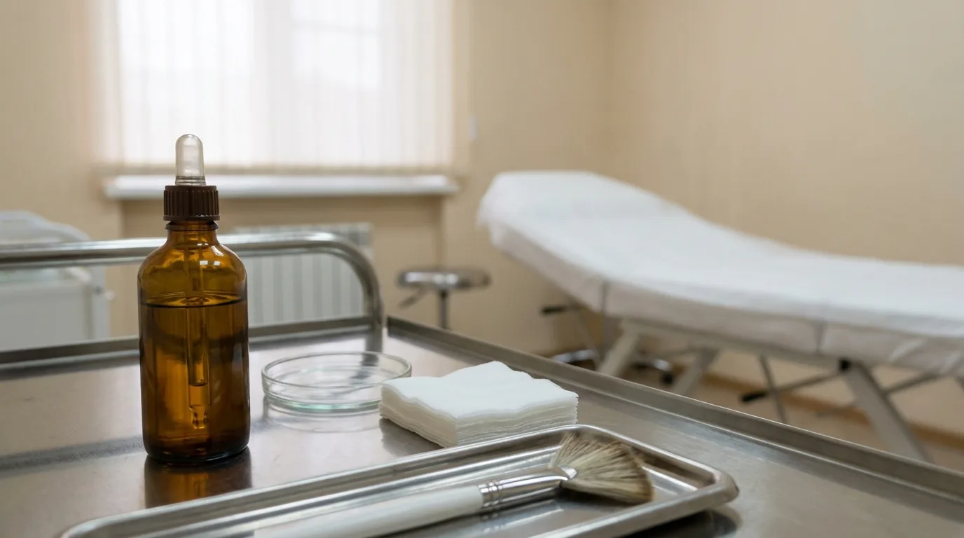 which chemical peel is best for hyperpigmentation inline 1 glycolic acid peel solution and gauze prepared on a clinic trolley before a pigmentation session