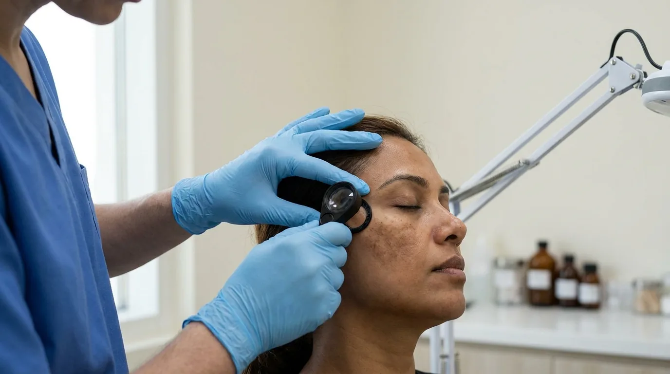 which chemical peel is best for hyperpigmentation inline 2 aesthetician checking pigmentation on a client cheek under a lamp in a dubai skin clinic treatment room