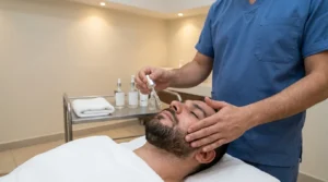 which facial is best for men: therapist applying serum to a bearded male client in a Dubai skin clinic