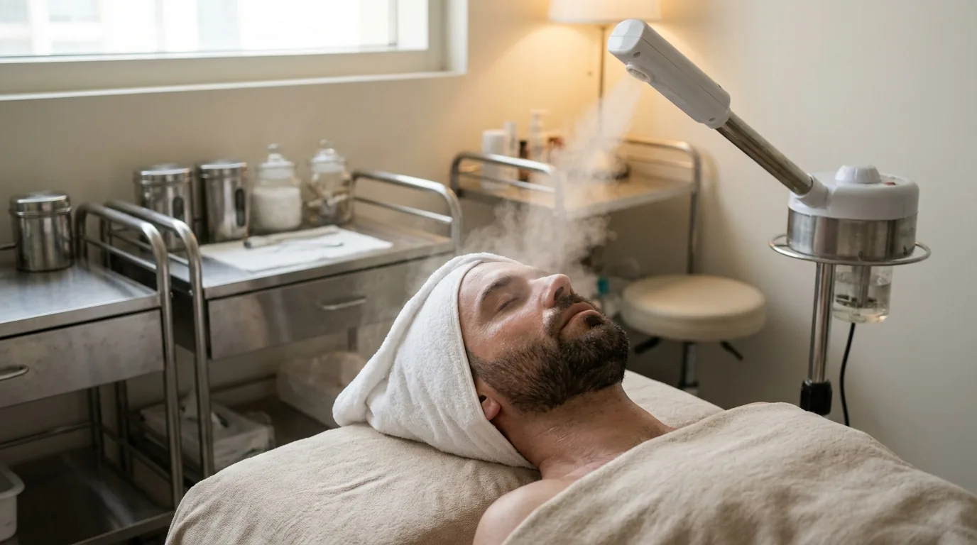 which facial is best for men inline 1 deep cleansing facial for men in a Dubai clinic with steam softening the pores before extraction
