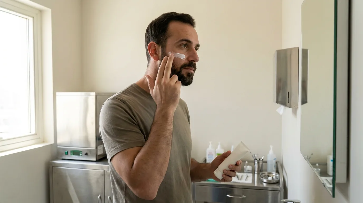 which facial is best for men inline 2 man applying sunscreen after a facial appointment in Dubai as protection against year round UV