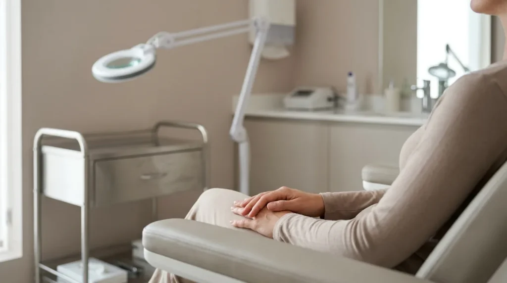 wrinkles removal Dubai: client seated in a consultation chair beside a skin assessment lamp in a licensed aesthetic clinic